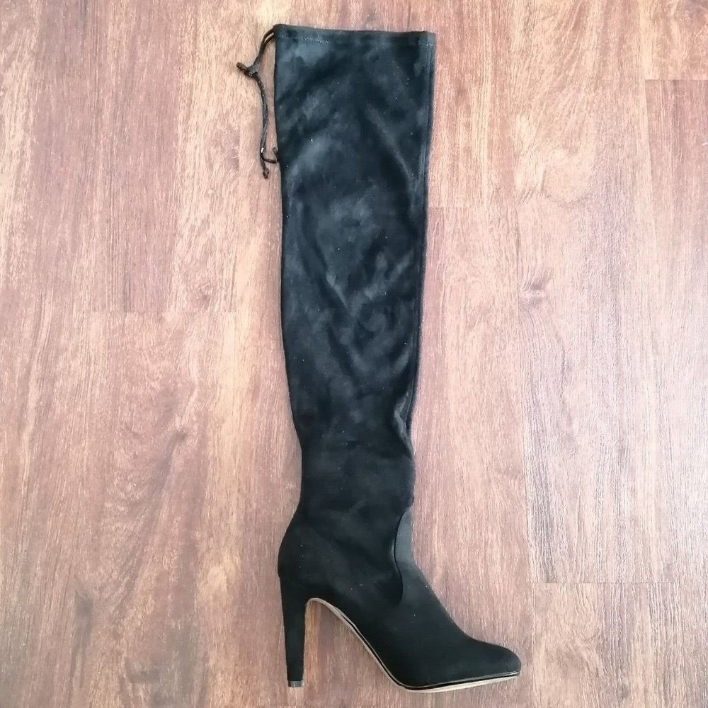 Express Womens Boots Black Fabric Over the Knee Pull On Thigh Tie Stiletto 9